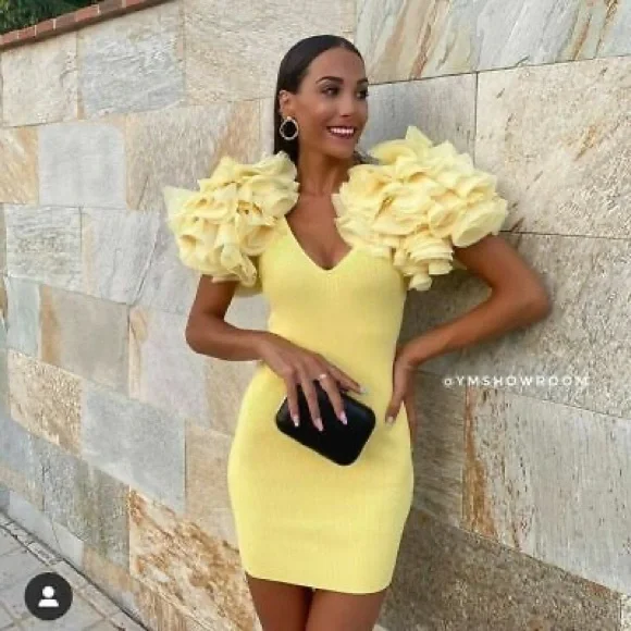 ZARA Organza Puff sleeve Bodycon Knit Mini Dress Yello... - Picture 2 of 5